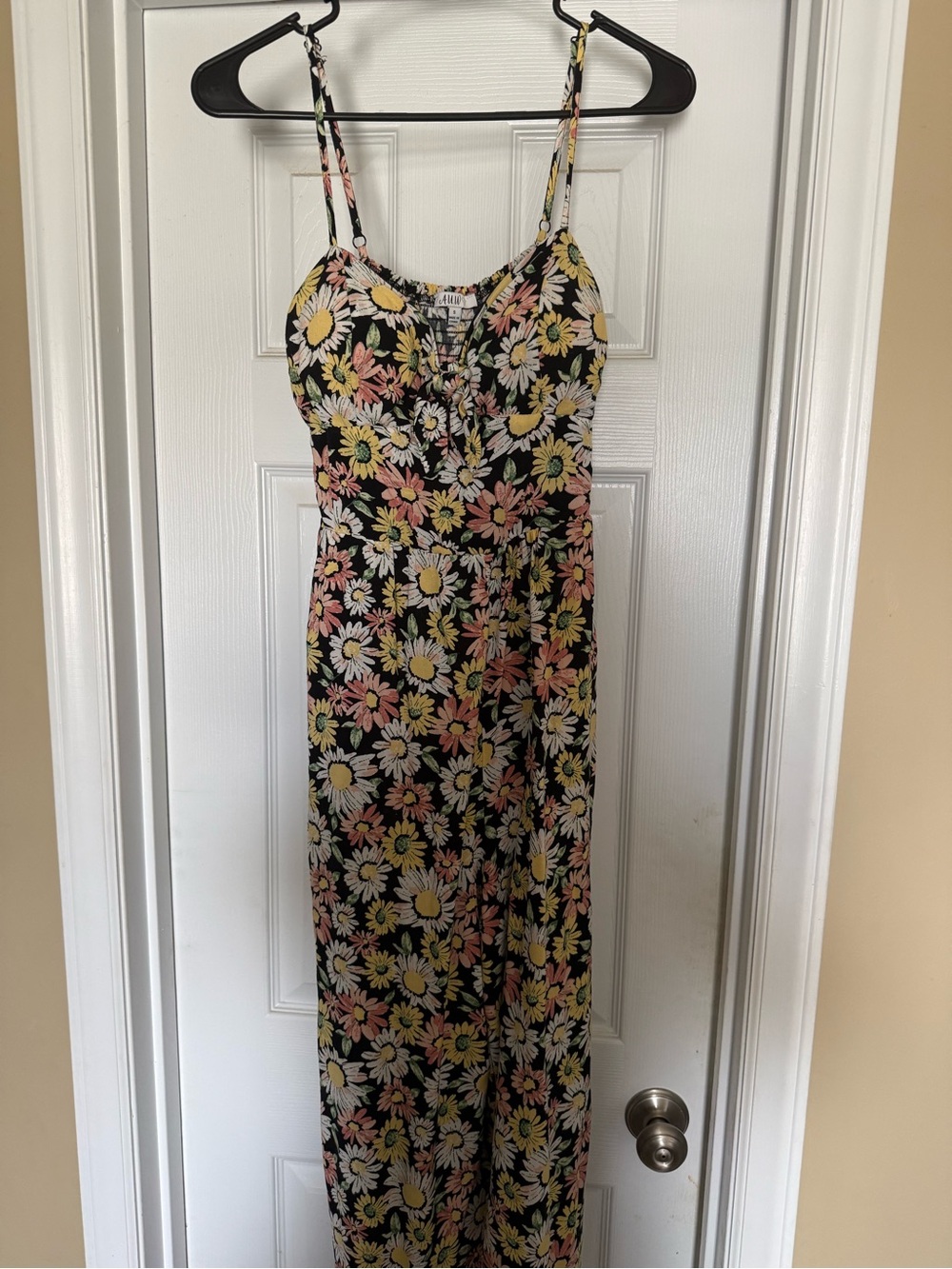 Floral Spaghetti-Strap Maxi Romper in Black with Pink & Yellow Daisies